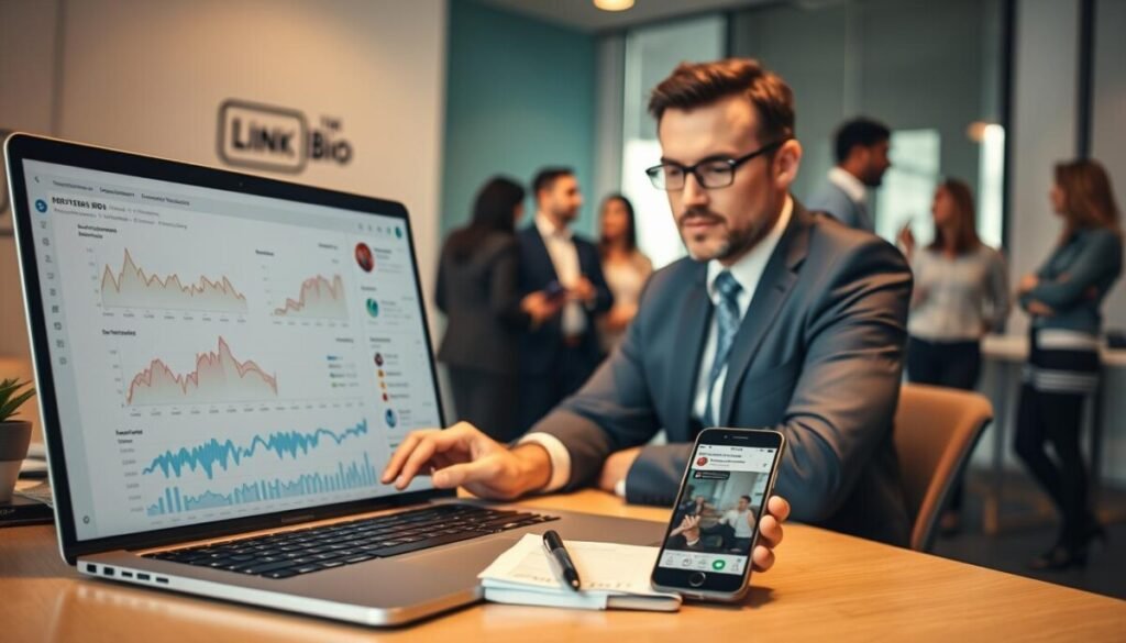 A professional workspace showcasing a digital marketing environment centered around "Link in Bio" tools. In the foreground, a laptop displays a detailed analytics dashboard, illustrating revenue statistics, user engagement metrics, and conversion rates. Beside the laptop, a notepad with strategic notes and a smartphone with a social media app open, emphasizing the link-in-bio feature. In the middle, a business professional in smart attire analyzes data, with a focused expression, while a diverse group of colleagues collaborates in the background, discussing strategies enthusiastically. Soft, diffused lighting casts a warm glow over the scene, suggesting a productive and innovative atmosphere. Shot from a slightly elevated angle to capture the teamwork and details in the workspace.