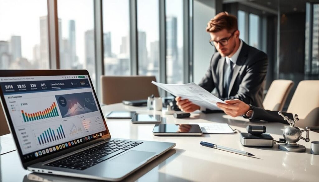 A professional workspace showcasing a side-by-side comparison of AI tools and human capabilities in various tasks. In the foreground, a sleek laptop displays a colorful dashboard of metrics and analytics related to AI performance, with graphs and numbers. Beside it, a focused individual in business attire analyzes data on a printed report, highlighting human insight. The middle ground features an elegant meeting table with technical gadgets like tablets and AI prototypes alongside human-driven tools such as notepads and pens. In the background, a bright, modern office with large windows showcases a city skyline, emphasizing a productive atmosphere. Soft, natural lighting enhances the professional setting, casting gentle shadows for depth. The overall mood conveys a sense of collaboration and innovation, emphasizing the relationship between AI tools and human skills.
