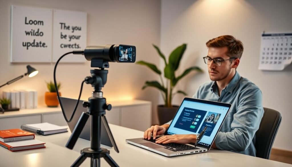 A professional workspace with a focus on recording video updates. In the foreground, a person sits at a modern desk, wearing smart casual clothing, intently speaking into a high-quality webcam mounted on a tripod. The individual has a laptop open, showcasing Loom’s interface on the screen. The middle ground features organized notebooks, a potted plant, and ambient lighting that creates a welcoming atmosphere. In the background, a wall with inspirational quotes and a calendar hangs, enhancing the motivational feel. The lighting is soft yet bright, simulating a well-lit office environment, captured from a slight angle to emphasize the recording setup and the person’s engaged expression. The overall mood is productive and professional, reflecting effective communication practices.