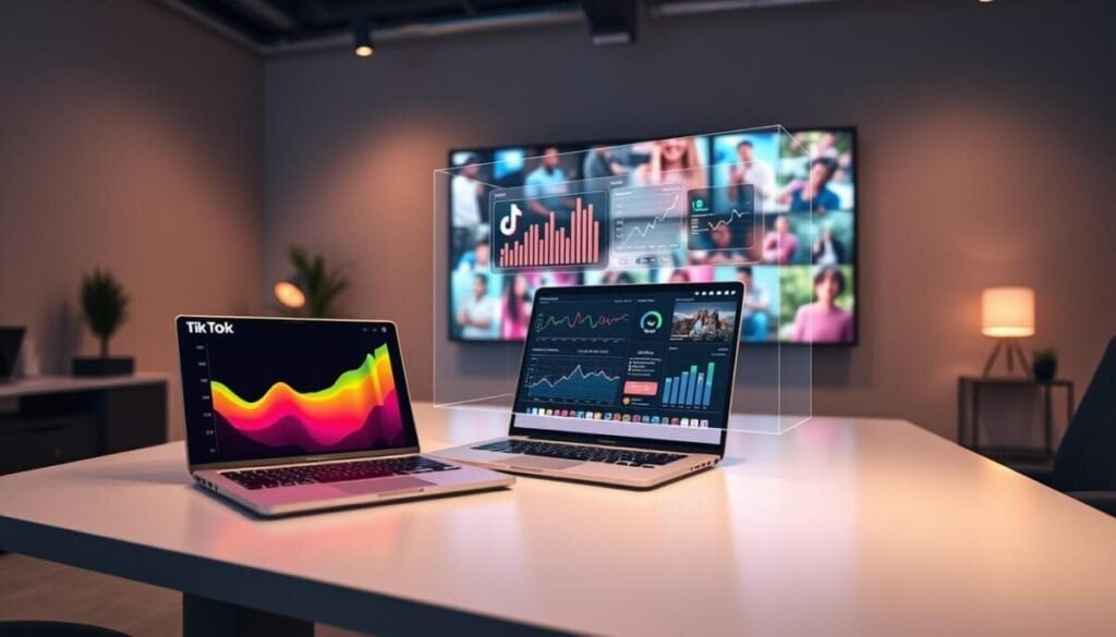 A professional workspace, with a sleek, modern desk in the foreground featuring a high-tech laptop displaying TikTok analytics in bright colors. Layered in the middle, a holographic display emerges, showcasing graphs, charts, and AI-driven insights about TikTok content strategy. In the background, a large digital screen showcasing vibrant TikTok videos plays on a loop, creating a dynamic atmosphere. Soft, ambient lighting highlights the professionalism of the space, while a warm glow accents the sleek devices and data visualizations. The overall mood is innovative and focused, reflecting a contemporary approach to content creation using AI. The scene is devoid of any people, ensuring a clean and modern aesthetic without distractions. A professional workspace, with a sleek, modern desk in the foreground featuring a high-tech laptop displaying TikTok analytics in bright colors. Layered in the middle, a holographic display emerges, showcasing graphs, charts, and AI-driven insights about TikTok content strategy. In the background, a large digital screen showcasing vibrant TikTok videos plays on a loop, creating a dynamic atmosphere. Soft, ambient lighting highlights the professionalism of the space, while a warm glow accents the sleek devices and data visualizations. The overall mood is innovative and focused, reflecting a contemporary approach to content creation using AI. The scene is devoid of any people, ensuring a clean and modern aesthetic without distractions.