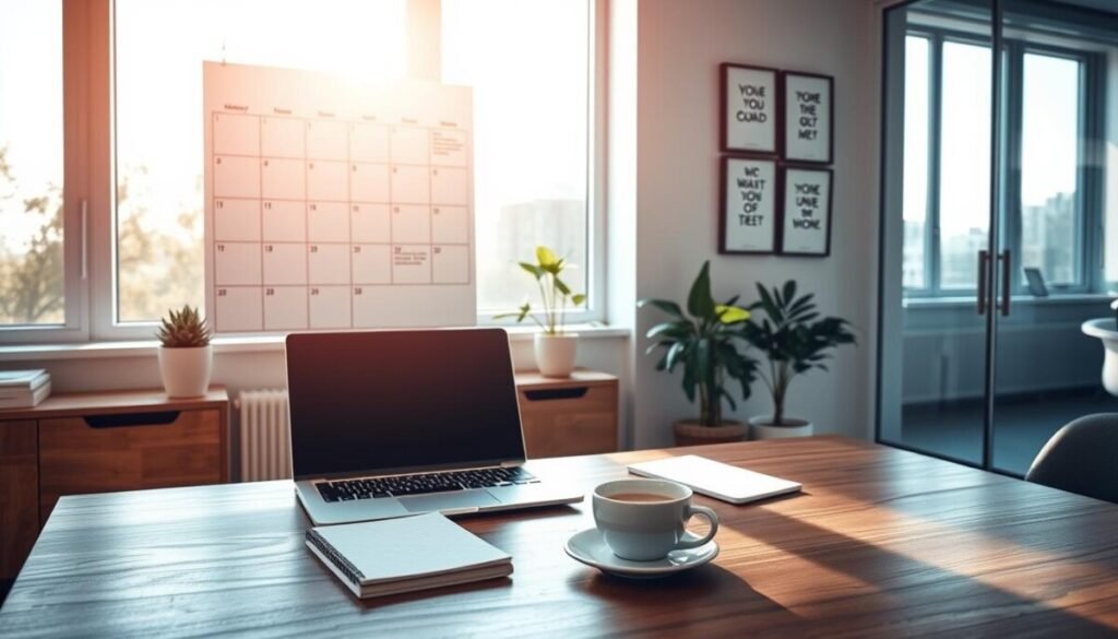 A serene and organized workspace set in a sunlit office with large windows, showcasing a well-structured day-themed calendar on the wall, emphasizing different blocks of time labeled for specific tasks. In the foreground, a stylish wooden desk holds a notepad, a sleek laptop, and a cup of coffee, creating an inviting atmosphere for deep work. The middle ground features a potted plant and motivational quotes framed on the wall, enhancing the inspiration. In the background, the soft glow of early morning light filters through the windows, casting gentle shadows and creating a calm, focused ambiance. The overall mood is one of clarity and productivity, suitable for professionals seeking to maximize their work efficiency. A serene and organized workspace set in a sunlit office with large windows, showcasing a well-structured day-themed calendar on the wall, emphasizing different blocks of time labeled for specific tasks. In the foreground, a stylish wooden desk holds a notepad, a sleek laptop, and a cup of coffee, creating an inviting atmosphere for deep work. The middle ground features a potted plant and motivational quotes framed on the wall, enhancing the inspiration. In the background, the soft glow of early morning light filters through the windows, casting gentle shadows and creating a calm, focused ambiance. The overall mood is one of clarity and productivity, suitable for professionals seeking to maximize their work efficiency.