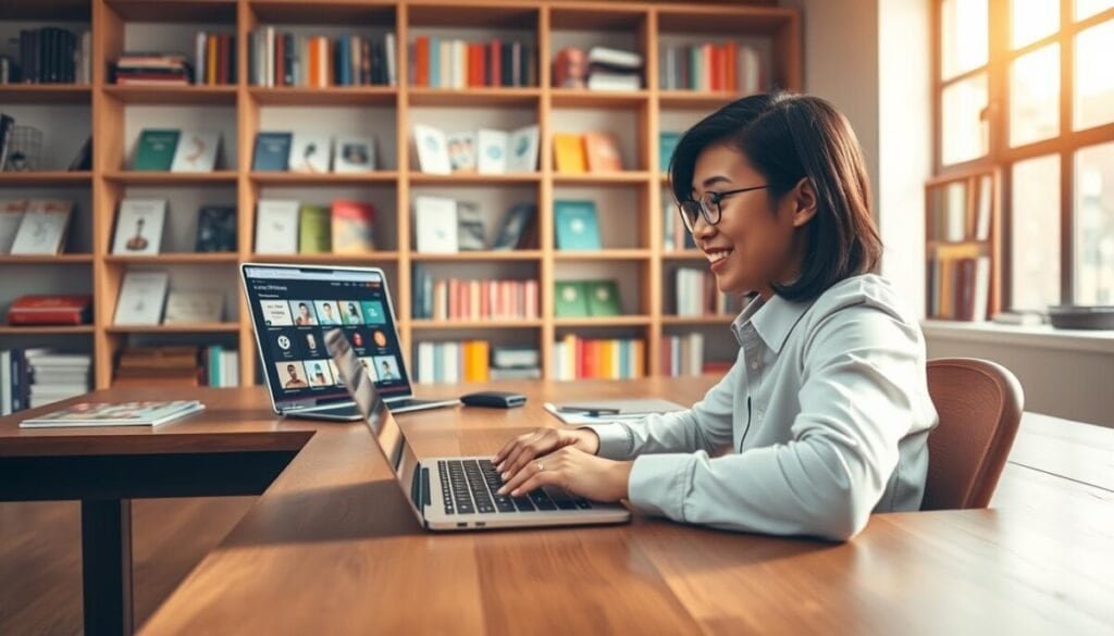 A serene, inviting study room designed for language immersion, featuring a large wooden desk with an open laptop displaying the Rosetta Stone interface. In the foreground, a person of Asian descent is engaged in an immersive learning experience, wearing smart casual attire, focused and smiling as they interact with the digital content. In the middle ground, bookshelves filled with language textbooks and colorful flashcards are neatly organized, adding to the atmosphere of learning. The background includes a large window letting in soft, warm natural light, illuminating the room and creating a cozy vibe. The mood is vibrant and inspiring, showcasing the transformative power of language learning through immersion. The perspective is slightly elevated, emphasizing both the desk and the surrounding educational setting, with a low depth of field to create a soft blur around the edges. A serene, inviting study room designed for language immersion, featuring a large wooden desk with an open laptop displaying the Rosetta Stone interface. In the foreground, a person of Asian descent is engaged in an immersive learning experience, wearing smart casual attire, focused and smiling as they interact with the digital content. In the middle ground, bookshelves filled with language textbooks and colorful flashcards are neatly organized, adding to the atmosphere of learning. The background includes a large window letting in soft, warm natural light, illuminating the room and creating a cozy vibe. The mood is vibrant and inspiring, showcasing the transformative power of language learning through immersion. The perspective is slightly elevated, emphasizing both the desk and the surrounding educational setting, with a low depth of field to create a soft blur around the edges.