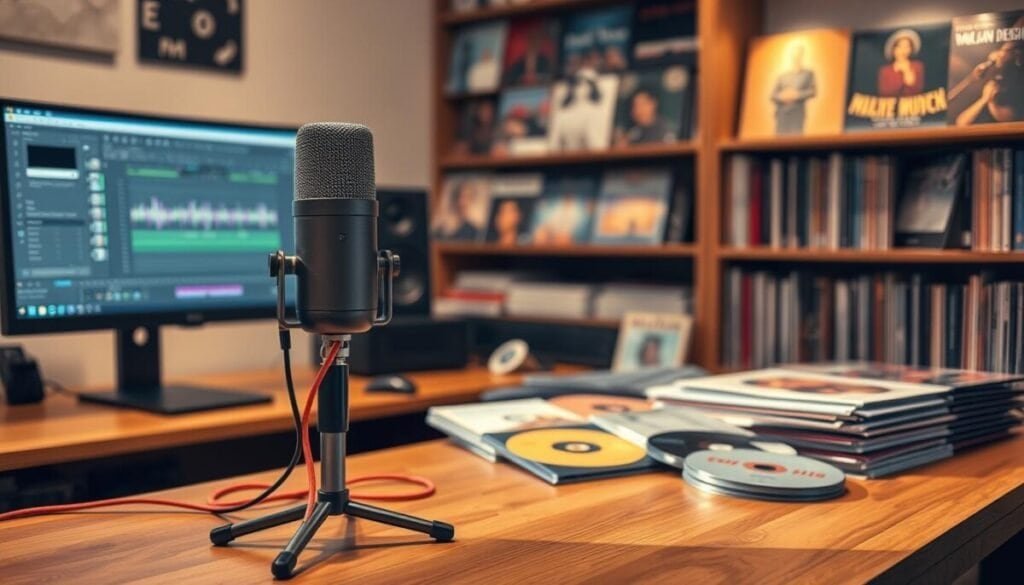A serene, inviting workspace featuring a high-quality microphone and a computer with audio editing software open. In the foreground, the microphone stands prominently on a polished wooden desk, with colorful cables neatly arranged. In the middle ground, various royalty-free music CDs and vinyl records are artistically placed, showcasing vibrant album art. The background features shelves filled with books on music production and sound design, softly blurred to maintain focus on the foreground elements. Warm, diffused lighting enhances the cozy atmosphere, casting gentle shadows that evoke creativity and inspiration. The overall mood is calm and professional, ideal for video creators seeking the best music for their projects. A serene, inviting workspace featuring a high-quality microphone and a computer with audio editing software open. In the foreground, the microphone stands prominently on a polished wooden desk, with colorful cables neatly arranged. In the middle ground, various royalty-free music CDs and vinyl records are artistically placed, showcasing vibrant album art. The background features shelves filled with books on music production and sound design, softly blurred to maintain focus on the foreground elements. Warm, diffused lighting enhances the cozy atmosphere, casting gentle shadows that evoke creativity and inspiration. The overall mood is calm and professional, ideal for video creators seeking the best music for their projects.