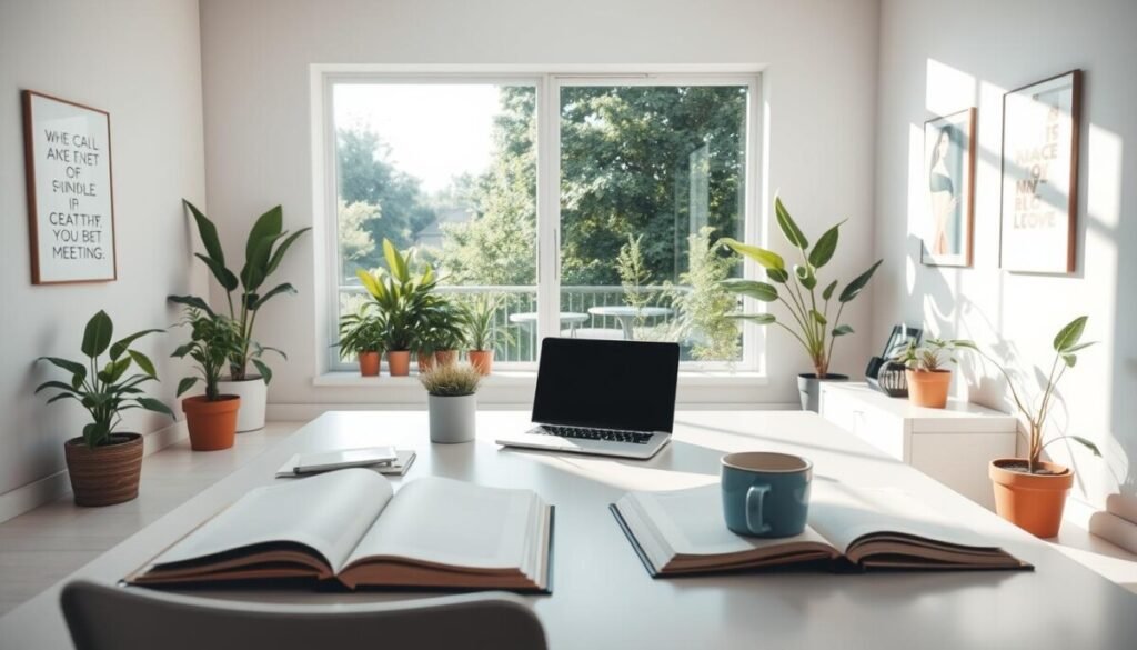 A serene office environment showcasing a bright, sunlit room designed for creativity and focus. In the foreground, a stylish desk with a laptop, open notebooks, and a coffee mug, emphasizing productivity without meetings. In the middle, a large window revealing a lush green garden outside, symbolizing a refreshing break from the hustle of daily meetings. Potted plants scattered around the room add to the calming ambiance. The background features soft, neutral-colored walls with motivational artwork. Soft natural lighting filters through the window, casting gentle shadows, creating a peaceful and inviting atmosphere. The overall mood is tranquil and empowering, emphasizing the concept of reclaiming time for focused work and innovation.