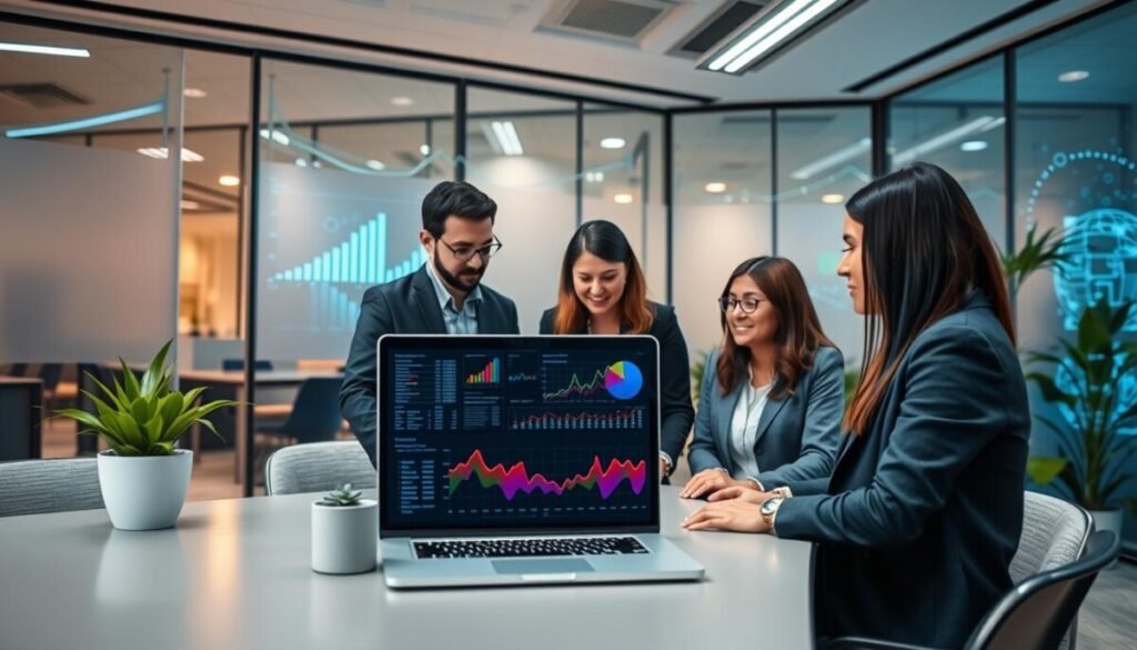 A serene office environment showcasing privacy-focused analytics. In the foreground, a diverse group of three professionals in business attire are engaged in a discussion around a sleek laptop displaying colorful, visually appealing analytics data. In the middle ground, a modern workspace with privacy screens and greenery to convey a focus on security and trust. The background features abstract graphs and data flows subtly integrated into screen walls, emphasizing data protection. Soft, diffused lighting casts a calm atmosphere, while a wide-angle lens captures the collaborative spirit of the team. The overall mood is one of professionalism, innovation, and a commitment to user privacy.