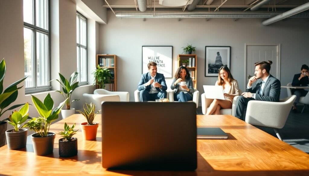 A serene office setting on a meeting-free day, showcasing a bright, airy workspace. In the foreground, a wooden table is adorned with potted plants and a laptop, symbolizing focus and productivity. In the middle ground, a large window allows natural light to flood in, illuminating comfortable chairs and a small bookshelf filled with motivational books. In the background, a team of diverse professionals in smart business attire engages in collaborative work, happily discussing ideas while enjoying coffee. The atmosphere is relaxed yet dynamic, reflecting a sense of freedom and creativity. Soft, warm lighting enhances the inviting mood, suggesting a productive yet peaceful environment ideal for teamwork without the constraints of meetings. The angle is slightly elevated, capturing the essence of an enjoyable and efficient workplace.