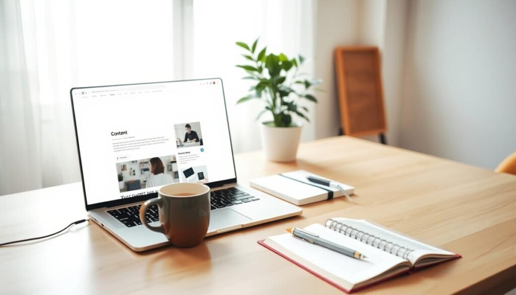 A serene workspace showcasing a minimalistic, organized desk. In the foreground, there’s a laptop with a clean, simple content feed displayed on the screen, emphasizing efficiency. A steaming cup of coffee sits next to the laptop, suggesting focus and productivity. In the middle ground, a potted plant adds a touch of greenery, while an elegant notepad and a pen are positioned neatly beside the laptop. The background features soft, natural light filtering through a large window, creating a calm and inviting atmosphere. The entire scene is shot from a slight overhead angle, conveying a sense of tranquility and clarity conducive to reading and content consumption. The color palette is warm and inviting, blending earthy tones with subtle pops of color. A serene workspace showcasing a minimalistic, organized desk. In the foreground, there’s a laptop with a clean, simple content feed displayed on the screen, emphasizing efficiency. A steaming cup of coffee sits next to the laptop, suggesting focus and productivity. In the middle ground, a potted plant adds a touch of greenery, while an elegant notepad and a pen are positioned neatly beside the laptop. The background features soft, natural light filtering through a large window, creating a calm and inviting atmosphere. The entire scene is shot from a slight overhead angle, conveying a sense of tranquility and clarity conducive to reading and content consumption. The color palette is warm and inviting, blending earthy tones with subtle pops of color.