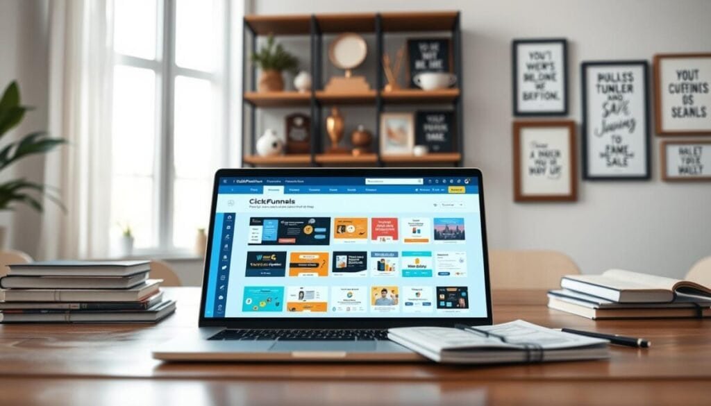 A sleek ClickFunnels page builder interface displayed on a modern laptop screen in an office setting. The foreground features the laptop with a vibrant, user-friendly drag-and-drop interface showcasing various sales funnel templates, colorful graphics, and interactive elements designed for high conversion rates. The middle ground includes a polished wooden desk cluttered with digital marketing books and a notepad with professional sketches. In the background, softly blurred, are shelves filled with business awards and framed motivational quotes against a bright, airy office wall. Soft, natural light filters through a window, creating a warm and inviting atmosphere. The mood conveys innovation and professionalism, ideal for entrepreneurs and marketers aiming for success in digital sales.
