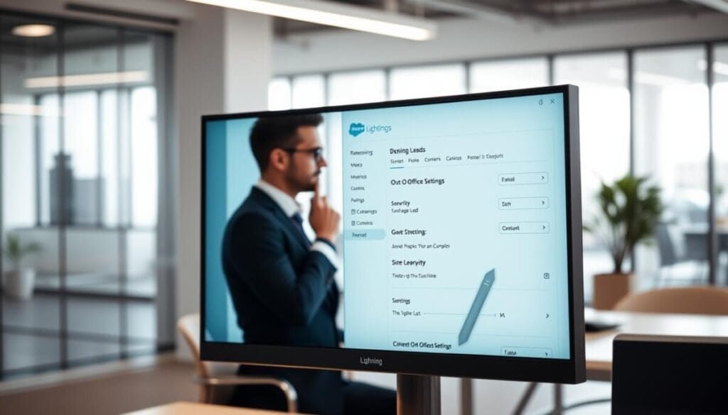 A sleek and modern Salesforce Lightning interface displayed on a high-resolution computer monitor in a bright, minimalist office environment. In the foreground, close-up of the screen showing the Out of Office settings panel, featuring user-friendly icons and drop-down menus for reassigning leads. The middle layer includes a professional business attire male figure thoughtfully adjusting the settings, seated at a stylish desk with a laptop and a notepad. The background reveals a softly lit contemporary office space with glass windows allowing natural light to flood in, creating a productive atmosphere. The image conveys an air of focus and efficiency, suitable for a modern workplace.
