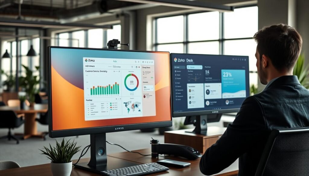 A sleek and modern digital workspace showcasing Ada and Zoho Desk platforms side by side on a high-resolution computer screen. In the foreground, a focused professional in business attire analyzes customer service metrics on Ada's vibrant interface, while a second monitor displays Zoho Desk's user-friendly dashboard. The middle ground features a stylish office environment with ergonomic furniture, plants, and subtle decor that conveys a productive atmosphere. The background includes soft natural lighting streaming through large windows, highlighting the professional setting. The mood is innovative and collaborative, illustrating a cutting-edge approach to AI customer service solutions. The composition is well-balanced, with a view from a slight angle that emphasizes the dual platforms effectively.