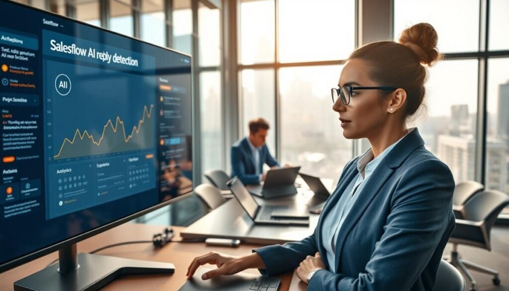 A sleek and modern office environment depicting a digital interface showcasing "Salesflow AI reply detection." In the foreground, a professional businesswoman in smart attire analyzes data on a screen filled with graphs and AI analytics, her expression focused and engaged. In the middle ground, a diverse team of professionals—two men and another woman—collaborate around a conference table with laptops and tablets, reflecting a dynamic work atmosphere. The background features large windows with a city skyline, suggesting a high-tech, futuristic feel. Soft natural light streams in, creating a vibrant environment, highlighting the importance of data-driven prospecting. Capture this scene from a slightly elevated angle, emphasizing teamwork and innovation in the outreach process. The overall mood is optimistic and forward-thinking, perfect for illustrating cutting-edge sales technology.
