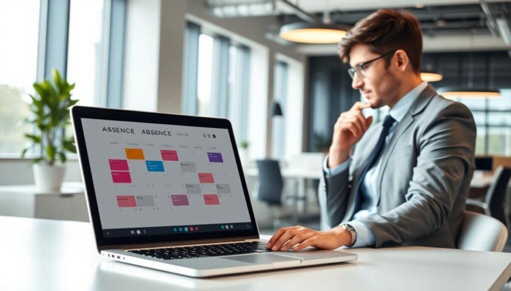 A sleek and modern office environment featuring an absence calendar prominently displayed on a digital screen. In the foreground, a well-organized desk with a laptop open, showing a calendar application with clear time-off blocks. In the middle, the absence calendar is detailed, showing color-coded days-off and clearly marked weekends. The background features a bright office space with minimalistic decor and soft natural light streaming through large windows, creating a warm and inviting atmosphere. A professional individual, dressed in smart business attire, is thoughtfully reviewing their calendar, showcasing a sense of focus and intent. The scene captures a moment of productivity and planning, emphasizing the importance of time management in a workplace setting. A sleek and modern office environment featuring an absence calendar prominently displayed on a digital screen. In the foreground, a well-organized desk with a laptop open, showing a calendar application with clear time-off blocks. In the middle, the absence calendar is detailed, showing color-coded days-off and clearly marked weekends. The background features a bright office space with minimalistic decor and soft natural light streaming through large windows, creating a warm and inviting atmosphere. A professional individual, dressed in smart business attire, is thoughtfully reviewing their calendar, showcasing a sense of focus and intent. The scene captures a moment of productivity and planning, emphasizing the importance of time management in a workplace setting.