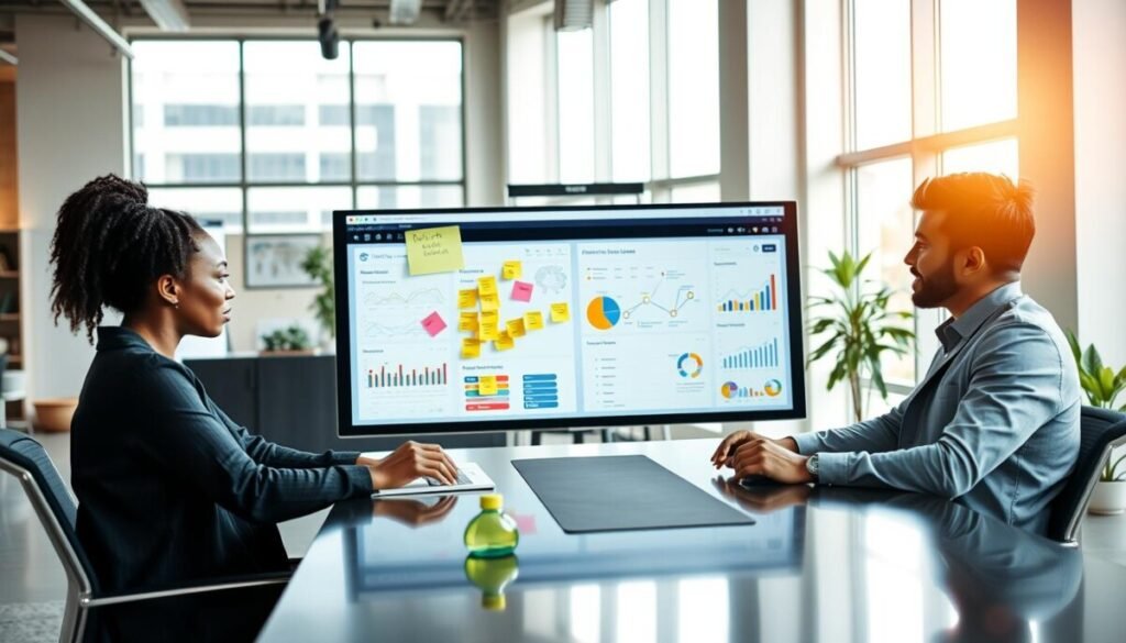 A sleek and modern office environment showcasing a feature-rich no-code CRM system. In the foreground, a diverse group of three professionals—one Black woman and two South Asian men—are seated at a stylish conference table, studying a large touchscreen display filled with colorful graphs and user-friendly interfaces of the CRM software. The middle section includes a whiteboard with colorful sticky notes and diagrams related to customer management strategies. In the background, tall windows allow natural light to flood in, casting a warm glow over the workspace, adorned with modern decor and greenery. The mood is collaborative and innovative, captured at a slight angle to emphasize the dynamic interaction among the team members and the engaging technology at the forefront.