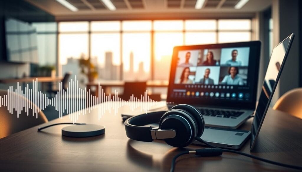 A sleek and modern office space, designed for digital collaboration, serves as the background. In the foreground, a digital interface displays sound waveforms, symbolizing audio enhancement technology. Include a pair of noise-canceling headphones resting next to a high-tech microphone, emphasizing clarity in communication. A laptop screen shows a virtual meeting in progress, with waveforms visibly enhanced around the participants. Warm, natural lighting floods the room, creating an inviting atmosphere, while a blurred city skyline is visible through a large window in the background. The overall mood is focused and professional, illustrating the theme of audio clarity and enhancement in a corporate setting. A sleek and modern office space, designed for digital collaboration, serves as the background. In the foreground, a digital interface displays sound waveforms, symbolizing audio enhancement technology. Include a pair of noise-canceling headphones resting next to a high-tech microphone, emphasizing clarity in communication. A laptop screen shows a virtual meeting in progress, with waveforms visibly enhanced around the participants. Warm, natural lighting floods the room, creating an inviting atmosphere, while a blurred city skyline is visible through a large window in the background. The overall mood is focused and professional, illustrating the theme of audio clarity and enhancement in a corporate setting.