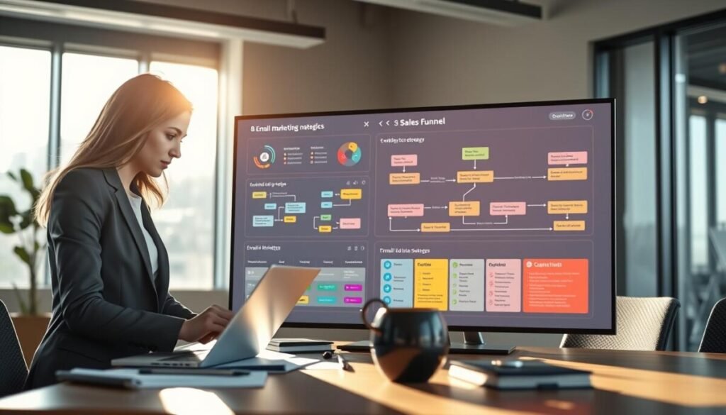 A sleek and modern office workspace, showcasing a digital dashboard highlighting email marketing metrics and a detailed sales funnel. In the foreground, a professional woman in business attire is analyzing data on a laptop, surrounded by notes and graphs. The middle ground features a large, interactive screen displaying flowcharts and diagrams linking email marketing strategies to a sales funnel, with vibrant colors for key elements. In the background, bright natural light filters through large windows, creating a warm and productive atmosphere. Soft shadows add depth, while a subtle bokeh effect blurs the background, emphasizing the central action. The overall mood conveys innovation, focus, and strategic planning in digital marketing.