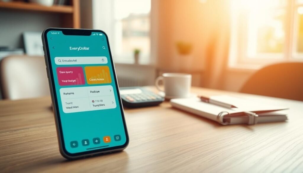 A sleek and modern smartphone displaying the EveryDollar budgeting app interface prominently in the foreground, featuring a clean design with vivid colors and clear categories for budgeting. In the middle ground, a stylish wooden desk with a few budgeting tools like a calculator, notepad, and a cup of coffee, evoking a sense of organization and productivity. The background showcases a soft-focus home office setting, warmly lit with natural light streaming through a window, creating an inviting atmosphere. The overall mood is focused and optimistic, reflecting someone actively managing their finances. The image should have a shallow depth of field to highlight the phone and budgeting tools while keeping the background softly blurred.