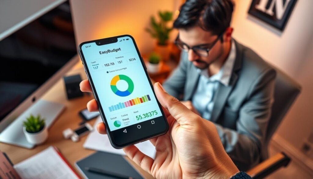 A sleek and modern smartphone displays the "EasyBudget" budgeting app interface, featuring a vibrant pie chart and colorful bar graphs showcasing expense tracking. In the foreground, a professional individual in smart casual attire interacts with the app, focused on their screen. The middle ground includes a stylish desk cluttered with contemporary office supplies and a small plant for a touch of greenery. The background shows a softly blurred home office with warm lighting that creates a cozy atmosphere. The scene is captured from a slight overhead angle to emphasize the app's features while maintaining a professional, inviting mood, ideal for the topic of personal finance and budgeting apps.