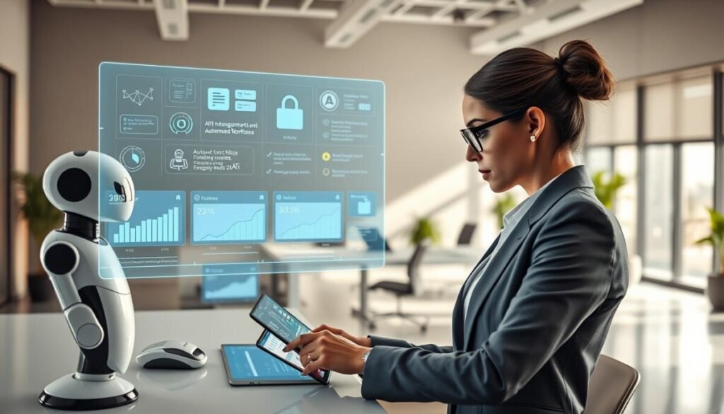 A sleek and modern workspace featuring a professional woman in business attire, focusing intently on a high-tech holographic interface displaying various task management tools and automated workflows. In the foreground, she's surrounded by futuristic devices, including a digital notepad and a smart assistant robot, conveying an atmosphere of innovation. The middle ground showcases a stylish desk with organized digital screens illustrating graphs and automated alerts, bathed in soft, natural light streaming through large windows, suggesting productivity and clarity. The background includes a minimalist office design with greenery, symbolizing balance and efficiency. The overall mood is inspirational and futuristic, encouraging the viewer to imagine a seamless blend of AI technology with daily task management.