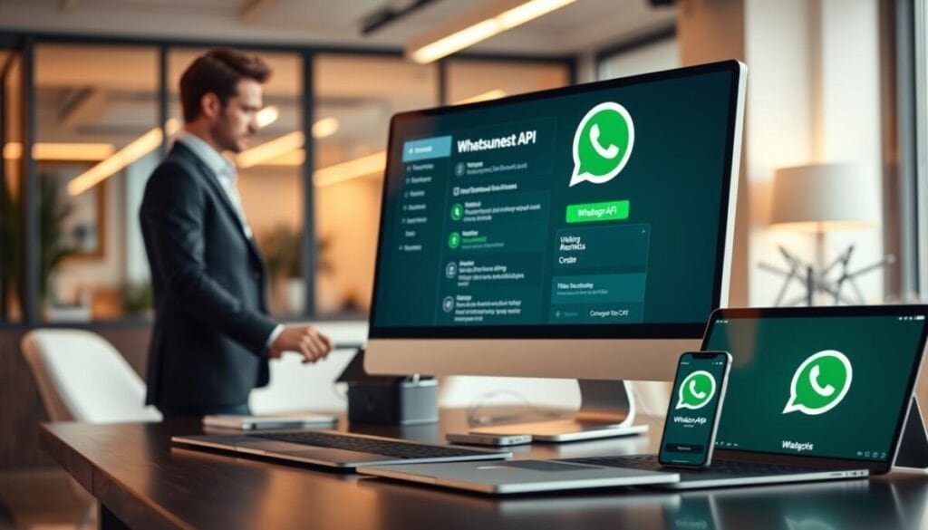 A sleek and modern workspace scene featuring a desktop computer displaying the WhatsApp Business API interface. In the foreground, a professional in business attire is attentively interacting with the interface, with visible elements showcasing chat features and integration options. The middle ground includes a stylish laptop and mobile devices displaying the WhatsApp logo and marketing analytics. The background presents a softly blurred office environment with warm lighting, conveying a productive atmosphere. Use a wide-angle lens perspective to create depth. The mood is focused and innovative, ideal for emphasizing technological advancement in marketing. No text or graphics should be present in the image.