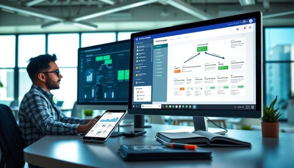 A sleek and modern workspace showcasing the ActiveCampaign email marketing platform on a large, high-resolution computer screen. In the foreground, a professional in smart casual attire is analyzing an advanced workflow diagram, with graphs and automation triggers visually represented. The middle ground features a modern desk filled with tech gadgets, a smartphone displaying email marketing insights, and a stylish notebook. In the background, a bright office environment with large windows allows natural light to flood in, creating a vibrant and productive atmosphere. The color palette is fresh and engaging, with greens and blues complementing the technology theme, conveying a sense of innovation and efficiency. The overall mood is dynamic and focused, emphasizing advanced automation solutions for email marketing. A sleek and modern workspace showcasing the ActiveCampaign email marketing platform on a large, high-resolution computer screen. In the foreground, a professional in smart casual attire is analyzing an advanced workflow diagram, with graphs and automation triggers visually represented. The middle ground features a modern desk filled with tech gadgets, a smartphone displaying email marketing insights, and a stylish notebook. In the background, a bright office environment with large windows allows natural light to flood in, creating a vibrant and productive atmosphere. The color palette is fresh and engaging, with greens and blues complementing the technology theme, conveying a sense of innovation and efficiency. The overall mood is dynamic and focused, emphasizing advanced automation solutions for email marketing.