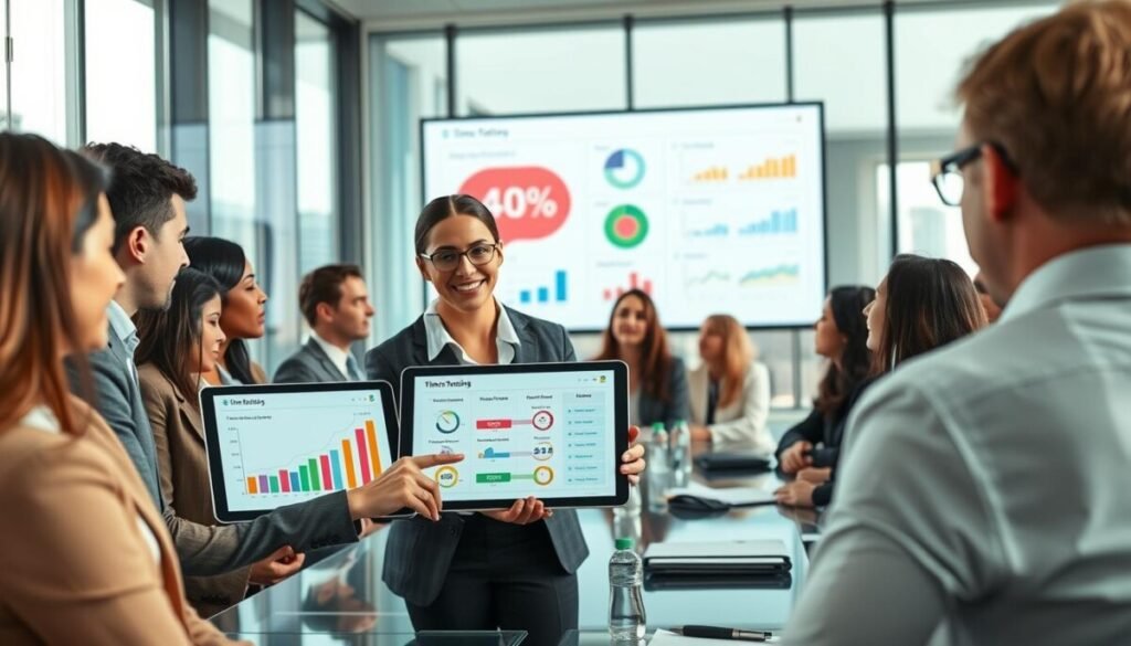 A sleek business conference room filled with diverse professionals in business attire discussing data and strategies. In the foreground, a tall, confident woman points at a digital tablet displaying a comparative chart of different time tracking software, symbolizing Harvest Time Tracking and its competitors. The middle ground showcases a large screen behind her, projecting colorful, engaging graphs and statistics, highlighting the pros and cons of various solutions. In the background, there are modern glass walls revealing a city skyline, enhancing the corporate atmosphere. Soft, natural lighting filters in, creating a warm yet professional ambiance, while a wide-angle lens captures the intensity of the discussion. The overall mood is focused and collaborative, emphasizing innovation and informed decision-making.