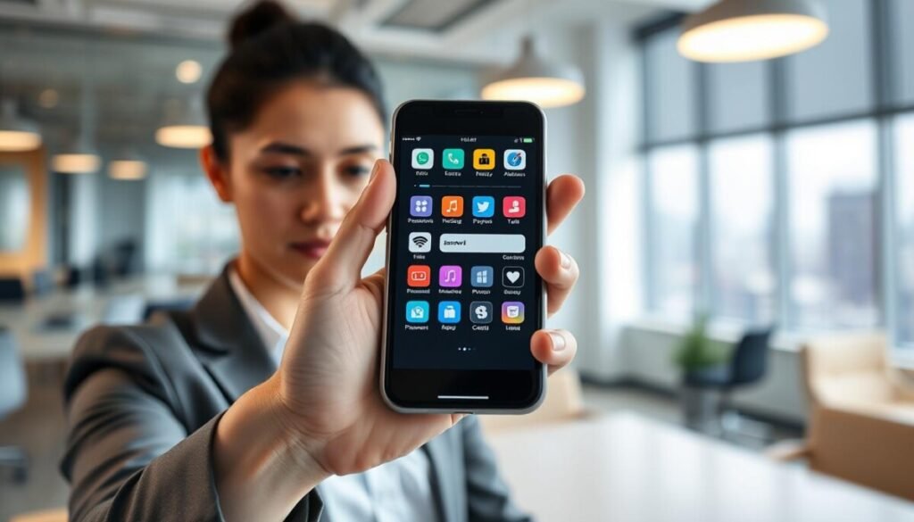 A sleek digital password vault interface displayed on a smartphone screen, showcasing various colorful app icons representing password management features. In the foreground, a person in professional attire, focused and engaged, is holding the phone. The middle ground shows a blurred office environment with modern furniture and soft ambient lighting creating a calm atmosphere. The background features a window with cityscape views, suggesting a productive workday. The lighting is bright yet soft, highlighting the phone’s screen while gently illuminating the person’s features. Capture this scene from a slightly elevated angle for depth, emphasizing the concept of streamlined digital management in a professional setting. A sleek digital password vault interface displayed on a smartphone screen, showcasing various colorful app icons representing password management features. In the foreground, a person in professional attire, focused and engaged, is holding the phone. The middle ground shows a blurred office environment with modern furniture and soft ambient lighting creating a calm atmosphere. The background features a window with cityscape views, suggesting a productive workday. The lighting is bright yet soft, highlighting the phone’s screen while gently illuminating the person’s features. Capture this scene from a slightly elevated angle for depth, emphasizing the concept of streamlined digital management in a professional setting.