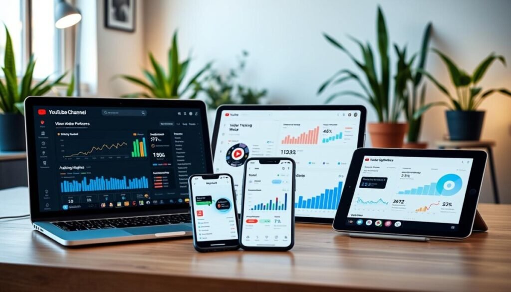 A sleek digital workspace showcasing advanced YouTube channel optimization tools. In the foreground, a modern laptop displays an intuitive dashboard filled with graphs and analytics, analyzing video performance metrics. Beside it, a sophisticated smartphone showcases a user-friendly app interface for keyword tracking and audience insights. The middle ground features a tablet with vibrant charts and AI-driven suggestions, highlighting growth strategies. In the background, a cozy office setting with soft ambient lighting creates a productive atmosphere, accented by houseplants and a calming color palette. The overall mood is informative and dynamic, illustrating how automation enhances video content creation. A wide-angle perspective captures the entire setup, emphasizing the integration of technology in creative processes.