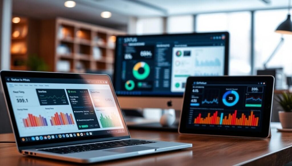A sleek digital workspace showcasing status pages on various devices, including a laptop and tablet at the forefront, displaying colorful graphs and uptime statistics. In the middle, a computer monitor shows an interactive dashboard with real-time alerts against a backdrop of blurred office elements, emphasizing a professional atmosphere. In the background, soft ambient lighting creates a calm environment, while shadows play gently across the desk. The image conveys a mood of efficiency and modern technology, capturing the essence of monitoring tools for specialized needs. The scene is well-composed with a focus on clarity and detail, using a wide-angle perspective to give depth to the workspace.