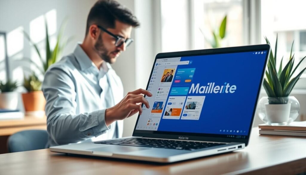 A sleek digital workspace showcasing the MailerLite email marketing platform on a modern laptop screen. In the foreground, a close-up of a stylish, professional individual in smart casual attire, intently analyzing an email campaign dashboard displayed on the laptop. The middle ground features a vibrant workspace with colorful branding elements representative of MailerLite, such as their logo and a selection of engaging newsletter templates. The background is softly blurred with plants and a well-organized desk, enhancing the focus on the laptop. Natural light streams in from a nearby window, creating a bright and inviting atmosphere. The overall mood is one of productivity and innovation, capturing the blend of ease of use and advanced features of the platform.