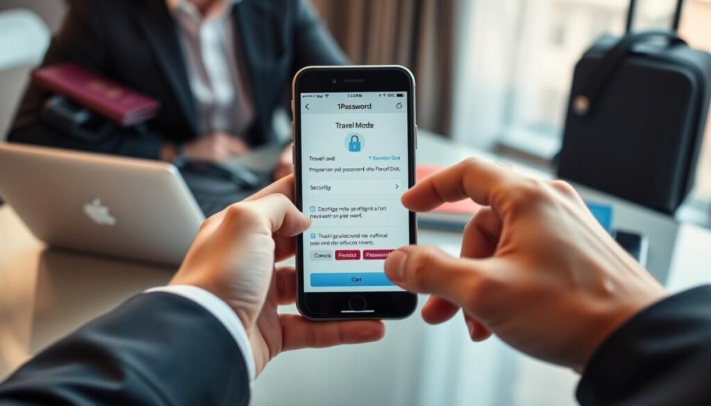 A sleek mobile device displaying the 1Password app, prominently showcasing its user-friendly interface with a focus on security features like Travel Mode. In the foreground, a pair of hands, dressed in professional business attire, interact with the app, highlighting a digital lock symbol and encrypted passwords. The middle ground features a modern, stylish workspace with a laptop, travel essentials like a passport and a suitcase. The background has soft, natural lighting filtering through a window, creating an inviting atmosphere. The mood is one of trust and professionalism, emphasizing the importance of password management while traveling. The composition is captured from a slightly elevated angle to give depth and focus. A sleek mobile device displaying the 1Password app, prominently showcasing its user-friendly interface with a focus on security features like Travel Mode. In the foreground, a pair of hands, dressed in professional business attire, interact with the app, highlighting a digital lock symbol and encrypted passwords. The middle ground features a modern, stylish workspace with a laptop, travel essentials like a passport and a suitcase. The background has soft, natural lighting filtering through a window, creating an inviting atmosphere. The mood is one of trust and professionalism, emphasizing the importance of password management while traveling. The composition is captured from a slightly elevated angle to give depth and focus.