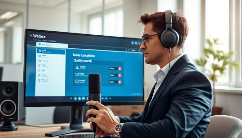 A sleek, modern computer setup featuring a high-resolution monitor displaying the Webex interface, highlighting its noise cancellation feature. In the foreground, focus on a professional business person, wearing smart casual attire, confidently adjusting audio settings on the screen. The middle ground includes a stylish microphone and noise-canceling headphones, emphasizing quality sound. The background should be a contemporary office with soft, natural lighting coming from a nearby window, creating a calm and focused atmosphere. Capture the image from a slightly elevated angle to provide a clear view of both the computer screen and the person’s interaction, promoting a sense of technological sophistication and clarity in audio communication.