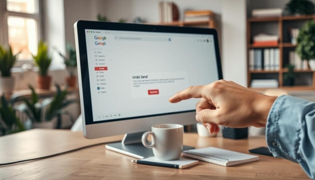 A sleek, modern desktop workspace featuring a computer screen displaying a Gmail interface. In the foreground, a hand reaches towards the "Undo Send" button, delicately illustrating the act of retrieval. The middle section shows a coffee cup and a notepad, symbolizing organization and mindful communication. Soft, natural lighting illuminates the scene, creating a warm and inviting atmosphere. The background includes a blurred view of a tidy office with houseplants and bookshelves, emphasizing a professional setting. The angle is slightly tilted to enhance depth, capturing the urgency and clarity of the moment without any text or distractions.