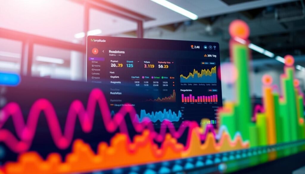 A sleek, modern digital interface displaying advanced event tracking metrics. In the foreground, vibrant graphs and charts showcasing engagement data, with colorful lines and bars representing user interactions and trends. The middle layer features a detailed dashboard with dropdown menus and real-time analytics visuals, all set against a clean, tech-inspired background. Subtle glowing elements emphasize the data points, enhancing the high-tech feel. The lighting is bright and focused, imitating a professional office space, with a slight lens blur giving depth to the background. The overall mood is analytical and innovative, capturing the essence of cutting-edge website analytics tools like Amplitude and Mixpanel. The image is free of any text, labels, or logos, focusing solely on the visual representation of metrics.