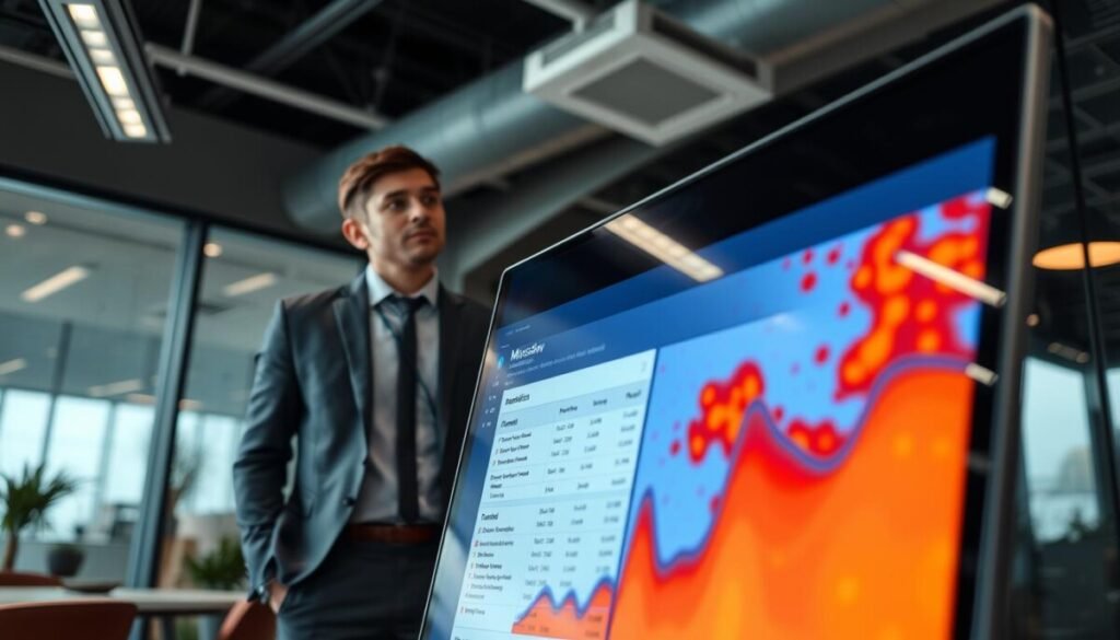 A sleek, modern digital interface showcasing Mouseflow form analytics heatmaps in a user-friendly dashboard. In the foreground, an interactive screen displays colorful heatmaps illustrating user interactions with forms, highlighting areas of high engagement in vibrant reds and oranges. In the middle ground, a professional businessperson observes the analytics on the screen, dressed in smart casual attire, looking intrigued and focused. The background features a contemporary office setting with soft ambient lighting, creating a productive atmosphere. The camera angle captures a slight upward perspective, emphasizing the screen’s data, enhancing the sense of depth. The overall mood is analytical and insightful, reflecting the importance of understanding user behavior through heatmap tools.