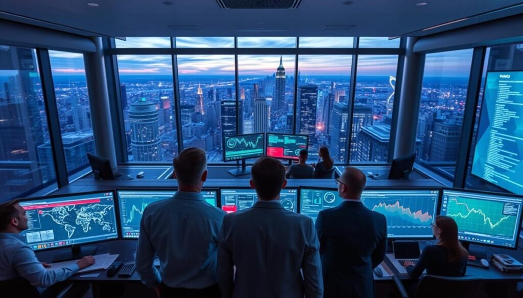 A sleek, modern digital workspace depicting advanced web monitoring services. In the foreground, a diverse group of professionals, dressed in smart business attire, intently analyzing data on high-resolution screens displaying intricate graphs, network maps, and real-time threat alerts. The middle ground showcases an organized command center with multiple screens, glowing with vibrant colors reflecting cybersecurity metrics. In the background, large windows reveal a city skyline at dusk, casting a calming blue and purple glow. The atmosphere feels intense yet focused, filled with a sense of urgency and commitment to security. Soft, ambient lighting enhances the mood, emphasizing the teamwork and technology at play. A bird's-eye view angle showcases the collaborative environment, highlighting the blend of human skill and advanced technology.