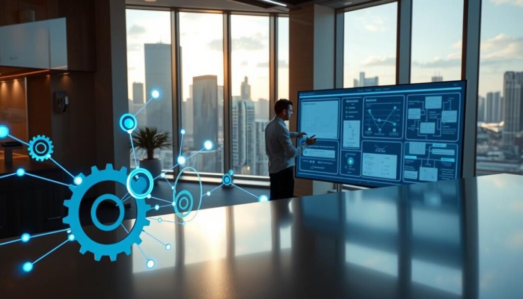 A sleek, modern digital workspace represents the concept of automating workflow integrations. In the foreground, an abstract visual of interconnected gears and nodes symbolizes seamless integration between various applications, glowing gently with blue and green lights. In the middle ground, a user interacts with a sophisticated interface on a large touchscreen, showcasing diagrams and flowcharts of automated processes. In the background, a city skyline is visible through large windows, emphasizing a futuristic atmosphere. Natural light filters in, casting dynamic shadows and reflections on the sleek surfaces. The environment exudes a sense of innovation and productivity, inviting viewers to explore the potential of no-code development in an AI-driven world.