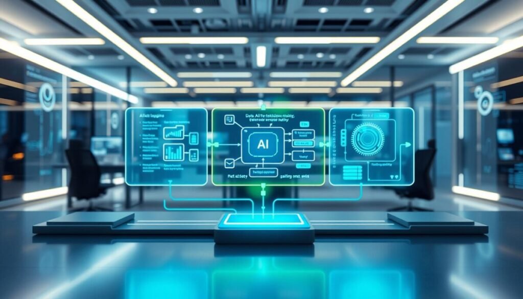 A sleek, modern digital workspace showcasing an AI decision engine workflow. In the foreground, a stylized 3D flowchart illustrates processes like data gathering, analysis, and decision-making, highlighted with bright blue and green colors. In the middle, semi-transparent screens display various AI algorithms and data inputs, with glowing circuits connecting them, symbolizing integration. The background features a futuristic office environment with abstract tech elements, illuminated by soft, dynamic lighting creating a professional atmosphere. The composition is captured from a slight upward angle to emphasize innovation and advanced technology, evoking a sense of smart automation and efficiency. The image should be devoid of any text or watermarks.