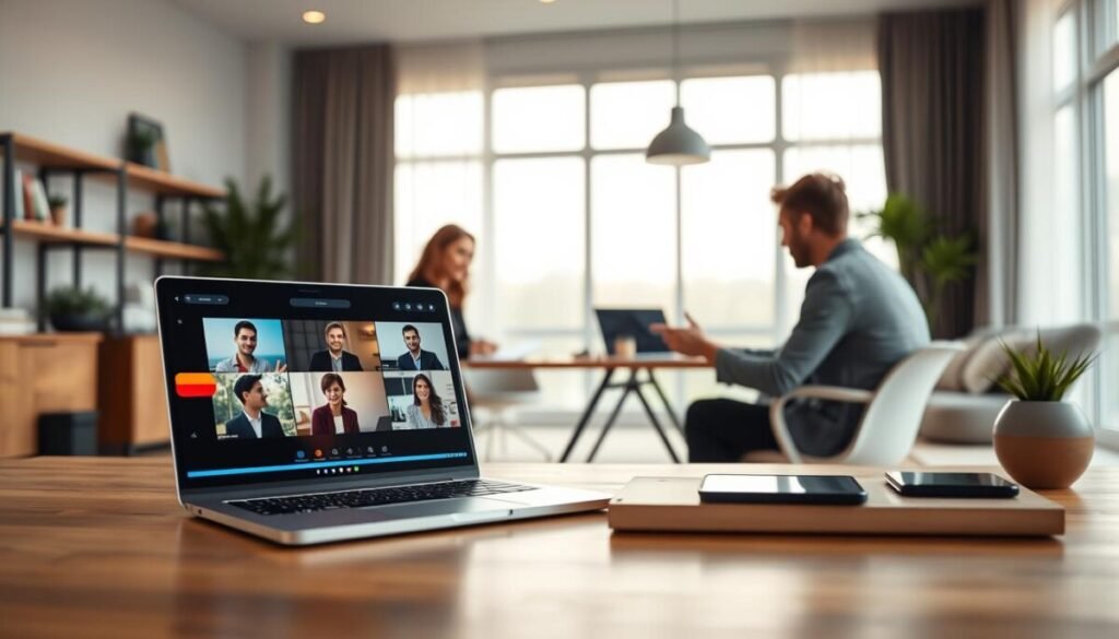 A sleek, modern digital workspace showcasing the top digital platforms for virtual meetings. In the foreground, include a laptop displaying a vibrant interface of a popular video conferencing tool, with professional figures in business attire engaged in a remote meeting, sharing ideas. In the middle ground, depict a stylish, organized home office setup featuring a digital tablet and smart devices, illustrating the tools used for effective communication. The background can include a large window with soft, natural light pouring in, casting an inviting glow throughout the room. Utilize a shallow depth of field to bring focus on the foreground elements, evoking a productive and collaborative atmosphere. The overall mood should feel dynamic and inspiring, perfect for promoting virtual meeting solutions.