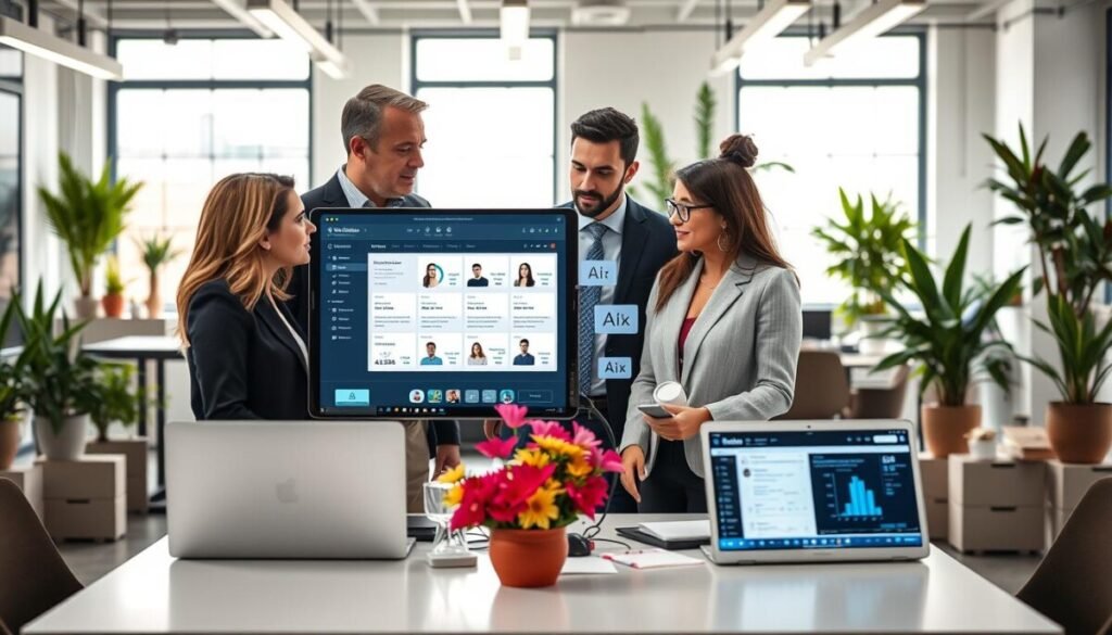 A sleek, modern eCommerce workspace, emphasizing Gorgias customer service automation. In the foreground, a diverse team of two professionals, one female and one male, both dressed in smart business attire, are engaged in a discussion. They are surrounded by high-tech tools like laptops displaying analytics dashboards and AI interfaces. In the middle, an interactive screen showcases Gorgias' platform with customer inquiries being managed seamlessly. The background features a contemporary office environment, complete with minimalistic furniture, vibrant potted plants, and large windows letting in natural light, creating an atmosphere of productivity and innovation. The lighting is bright and inviting, highlighting the efficient and dynamic nature of modern customer service. Shot with a slightly elevated angle to encompass both team interaction and workspace.