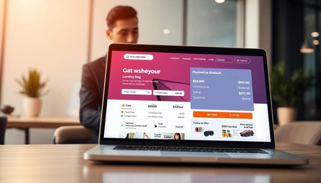 A sleek, modern landing page checkout interface displayed on a high-resolution laptop screen, positioned prominently in the foreground. The screen showcases an elegant design with vibrant call-to-action buttons, a streamlined payment section, and visual elements like product images and enticing offers. In the middle ground, a professional-looking individual in business attire is interacting with the laptop, exemplifying engagement and efficiency. The background features a well-lit, contemporary office environment, with soft lighting that creates a warm, inviting atmosphere. The overall mood conveys innovation and professionalism, emphasizing the importance of efficient conversion processes in online transactions. The angle is slightly elevated, capturing both the individual and the screen effectively without any text or distractions.