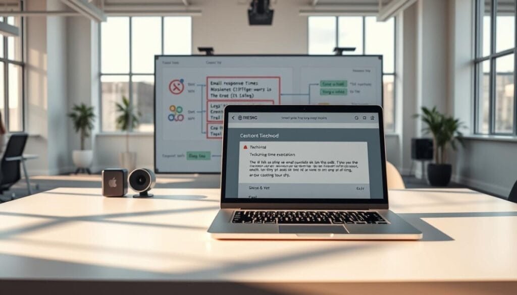 A sleek, modern office desk setup in the foreground, featuring an open laptop displaying a well-structured email interface with highlighted sections illustrating response time expectations. In the middle ground, a large, interactive digital whiteboard showcases technical diagrams of coding methods and email signature boundaries, with colorful flowcharts connecting various elements. The background reveals a bright, airy office with large windows allowing natural light to flood in, creating a dynamic and inviting atmosphere. Soft shadows play across the desk, accentuating the clean lines of the equipment. The overall mood is professional and innovative, capturing a blend of technology and business communication.