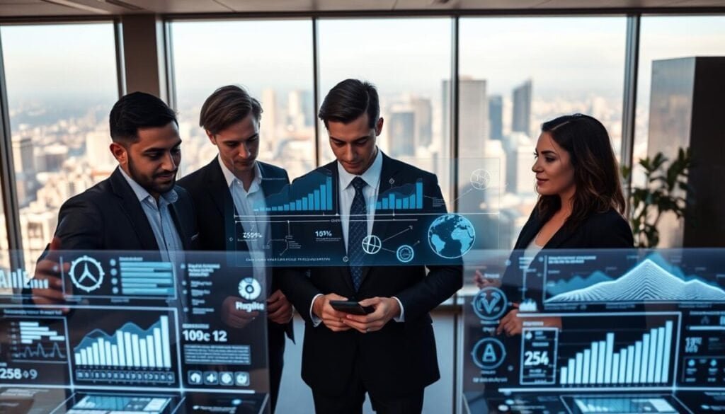 A sleek, modern office environment filled with professionals actively engaged in data analysis. In the foreground, a diverse group of three individuals, dressed in professional business attire, are focused on holographic screens displaying personalized marketing metrics and AI-generated customer profiles. In the middle, a large digital interface projects dynamic graphs, charts, and algorithmic visuals representing hyper-personalization strategies. The background features a panoramic view of a city skyline through large glass windows, bathed in soft, natural light, enhancing a futuristic mood. Use a wide-angle lens to capture the teamwork and innovation atmosphere, with a slight blur on the background to emphasize the professionals' collaboration. The overall feel should be energetic yet sophisticated, symbolizing the seamless integration of AI in scaling marketing efforts.
