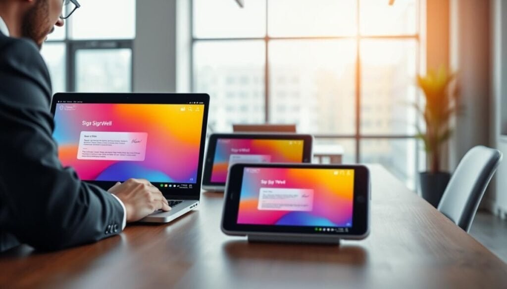 A sleek, modern office environment showcasing a digital document signing process. In the foreground, a professional person in smart business attire is focused on a laptop screen, displaying the SignWell interface with vibrant colors and intuitive design elements. In the middle, a wooden desk is adorned with a sleek tablet and a smartphone, both showing the SignWell application in action. In the background, large windows allow natural light to fill the room, creating an inviting atmosphere that emphasizes productivity and simplicity. The overall mood is one of professionalism, efficiency, and clarity, with a depth of field that gently blurs the background to keep the focus on the signing experience. A sleek, modern office environment showcasing a digital document signing process. In the foreground, a professional person in smart business attire is focused on a laptop screen, displaying the SignWell interface with vibrant colors and intuitive design elements. In the middle, a wooden desk is adorned with a sleek tablet and a smartphone, both showing the SignWell application in action. In the background, large windows allow natural light to fill the room, creating an inviting atmosphere that emphasizes productivity and simplicity. The overall mood is one of professionalism, efficiency, and clarity, with a depth of field that gently blurs the background to keep the focus on the signing experience.