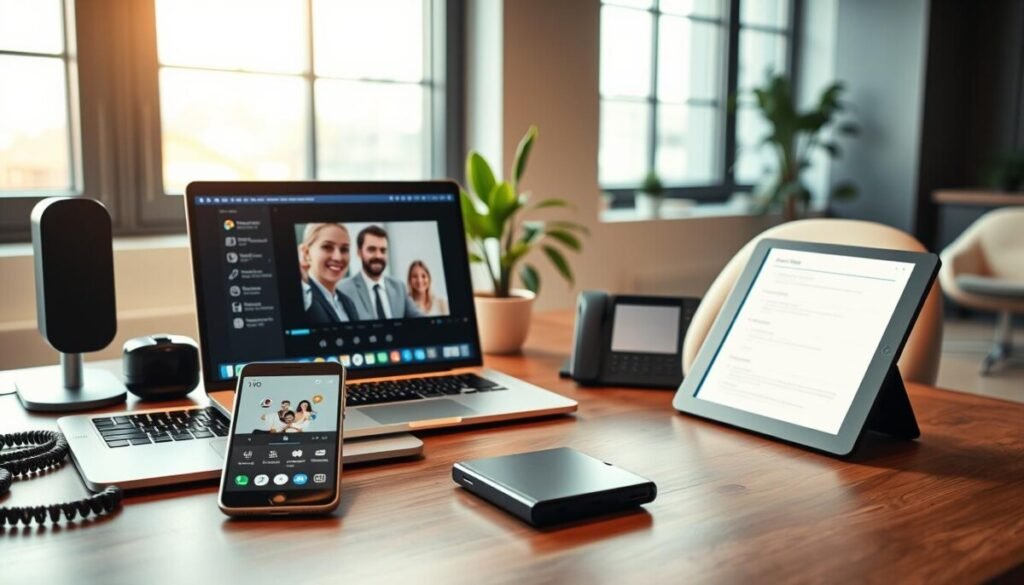 A sleek modern office scene featuring an array of communication tools on a stylish desk. In the foreground, a high-quality laptop with a video conferencing interface open, alongside a smartphone displaying a messaging app. A digital tablet with a to-do list and a prominent speakerphone are also present. The middle ground has a comfortable swivel chair and a potted plant, adding a touch of nature. In the background, a large window allows soft natural light to flood the space, enhancing the professional atmosphere. The image conveys a sense of productivity and technological integration, with warm yet professional lighting that creates an inviting but focused mood. The composition should be clean and organized, reflecting a modern freelancer's workspace.