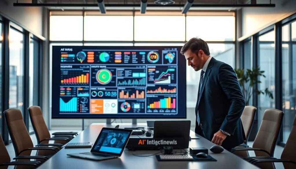 A sleek modern office setting serves as the backdrop, filled with large windows that let in natural light, casting soft shadows across the room. In the foreground, a professional wearing smart business attire is intently analyzing a large digital screen displaying colorful, interactive data visualizations, including charts and graphs representing complex insights. The middle ground features a minimalist conference table surrounded by digital devices, highlighting various AI research tools and applications. The atmosphere is one of focused productivity, with a sense of innovation and collaboration. The lighting is bright yet warm, enhancing the professionalism of the setting. A slight depth of field effect adds that extra layer of sophistication, emphasizing the analytical study of data in action.