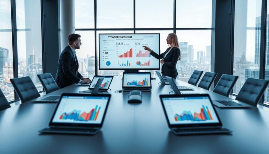 A sleek, modern office setting with a large conference table in the foreground. On the table, there are several open laptops and tablets displaying colorful graphs and analytics representing YouTube SEO metrics. In the middle, two professionals in business attire, one male and one female, are engaged in a discussion, pointing to a digital screen that shows a comparative analysis of market trends and competitor performance. The background features floor-to-ceiling windows with a cityscape view, allowing natural light to stream in, creating an optimistic and collaborative atmosphere. Subtle shadows enhance the depth of the scene, and the color palette is a mix of blues and whites, giving a clean, professional look that emphasizes data-driven decision making.