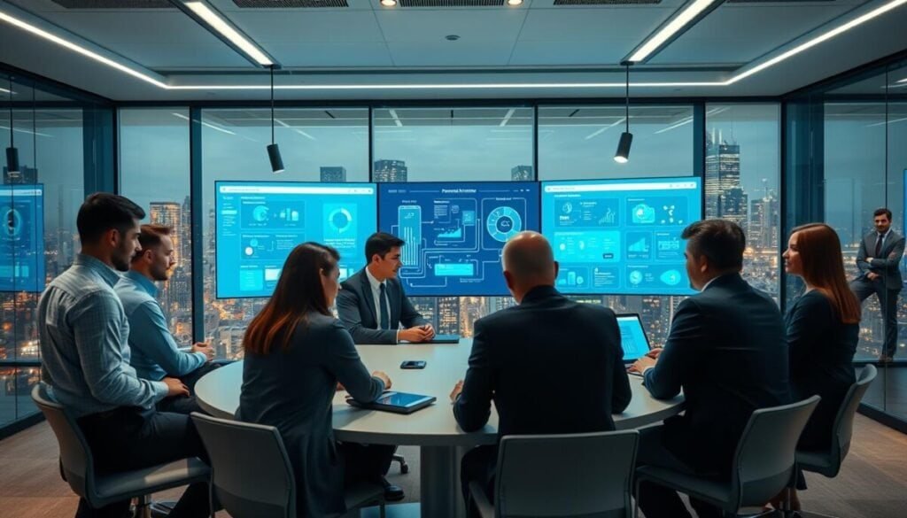 A sleek, modern office workspace featuring advanced automation technology in action. In the foreground, a diverse group of professionals in business attire collaborates around a circular table, discussing integration strategies for Monday.com automations. The middle ground showcases multiple large screens displaying flowcharts and analytics related to task automation, glowing softly with blue and green light. In the background, glass walls reveal a vibrant cityscape, enhancing the atmosphere of innovation and enterprise scaling. The lighting is bright and focused, with soft shadows to create depth, while maintaining a clean and futuristic aesthetic. The overall mood is dynamic and forward-thinking, embodying teamwork and technological advancement in the realm of business productivity solutions. A sleek, modern office workspace featuring advanced automation technology in action. In the foreground, a diverse group of professionals in business attire collaborates around a circular table, discussing integration strategies for Monday.com automations. The middle ground showcases multiple large screens displaying flowcharts and analytics related to task automation, glowing softly with blue and green light. In the background, glass walls reveal a vibrant cityscape, enhancing the atmosphere of innovation and enterprise scaling. The lighting is bright and focused, with soft shadows to create depth, while maintaining a clean and futuristic aesthetic. The overall mood is dynamic and forward-thinking, embodying teamwork and technological advancement in the realm of business productivity solutions.