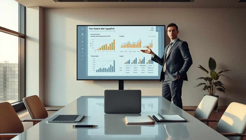 A sleek, modern office workspace showcasing a large digital screen displaying a visually engaging GenPPT presentation. In the foreground, a person in professional business attire stands confidently, gesturing towards the screen, highlighting graphs and research-backed data. In the middle ground, an elegantly designed table holds a laptop, notebooks, and pens, emphasizing the theme of productivity and innovation. The background features a large window with natural light filtering in, enhancing the atmosphere of creativity and professionalism. Soft, warm lighting casts gentle shadows, creating a calm and focused environment. The overall mood is inspirational, reflecting the essence of cutting-edge presentation tools aimed at enhancing research-driven content.