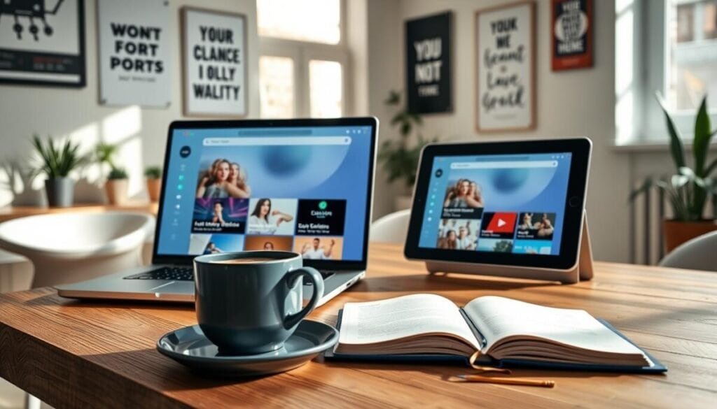 A sleek, modern online course platform interface displayed on a laptop and tablet in the foreground, positioned on a stylish wooden desk. The screens show user-friendly navigation with vibrant course thumbnails and engaging visuals, symbolizing affordability and accessibility. In the middle ground, an open notebook and a steaming cup of coffee add a cozy workspace ambiance, inviting users to explore learning. The background features a bright, well-lit home office with motivational posters and potted plants, creating an inspiring atmosphere. Soft, natural lighting pours in from a nearby window, casting gentle shadows. The overall mood is one of productivity and encouragement, making it ideal for business growth enthusiasts.