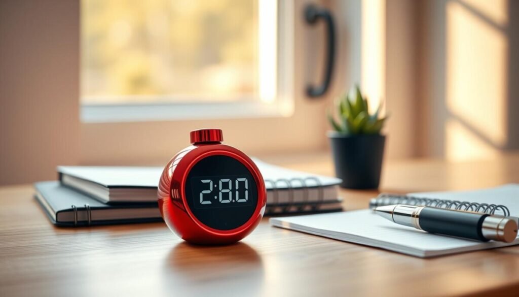 A sleek, modern pomodoro timer sits prominently in the foreground, featuring a shiny red exterior and a digital display. The timer shows an active countdown, emphasizing focus and productivity. In the middle ground, a stylish, minimalist desk is visible, complete with a neatly organized notebook, a high-quality pen, and a potted succulent, symbolizing a calm and focused workspace. The background includes a softly blurred window, allowing warm, natural light to spill in, creating a bright and inviting atmosphere. The overall mood is one of concentration and efficiency, capturing the essence of deep work sessions aimed at peak performance. The image should have a bright, airy feel, using a shallow depth of field for a professional look. A sleek, modern pomodoro timer sits prominently in the foreground, featuring a shiny red exterior and a digital display. The timer shows an active countdown, emphasizing focus and productivity. In the middle ground, a stylish, minimalist desk is visible, complete with a neatly organized notebook, a high-quality pen, and a potted succulent, symbolizing a calm and focused workspace. The background includes a softly blurred window, allowing warm, natural light to spill in, creating a bright and inviting atmosphere. The overall mood is one of concentration and efficiency, capturing the essence of deep work sessions aimed at peak performance. The image should have a bright, airy feel, using a shallow depth of field for a professional look.